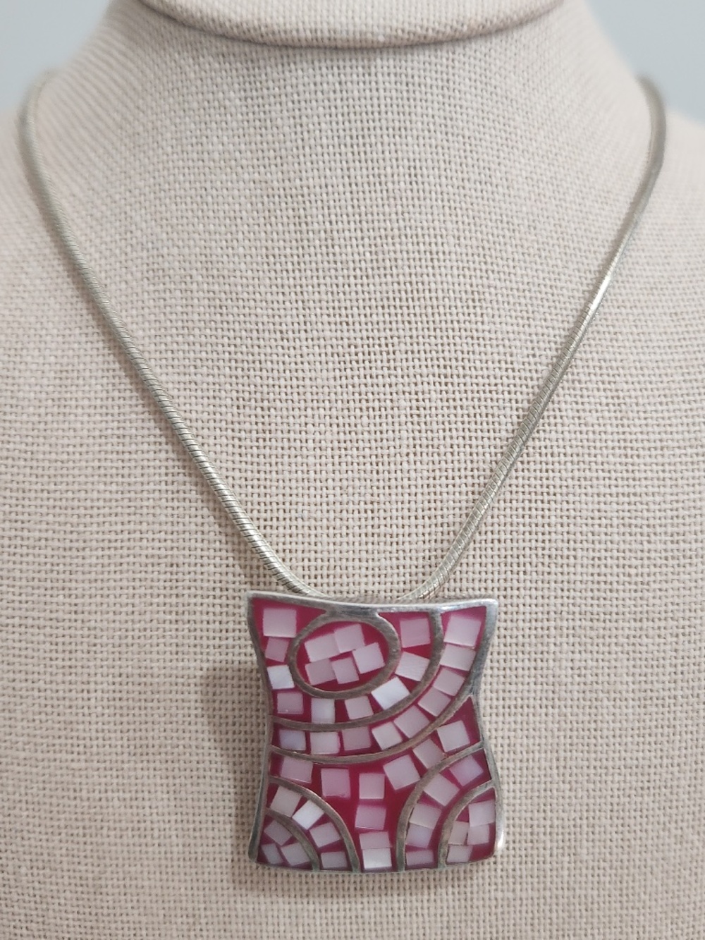 Vtg Artisan Sterling Silver 925 Pink Mosaic Inlay Slide Pendant 18" Italy Chain